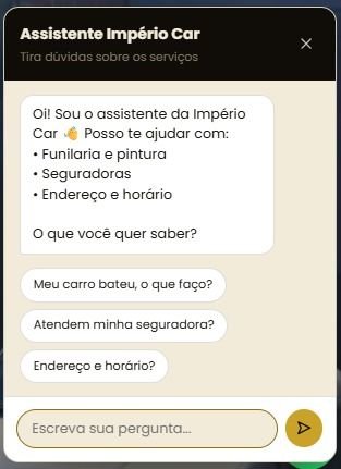 Chat com IA aberto no site da Império Car, mostrando as sugestões: Funilaria e pintura, Seguradoras, Endereço e horário