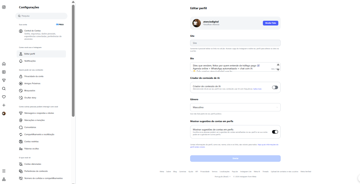 Tela de Editar perfil do Instagram mostrando o aviso: Somente é possível editar os links no celular