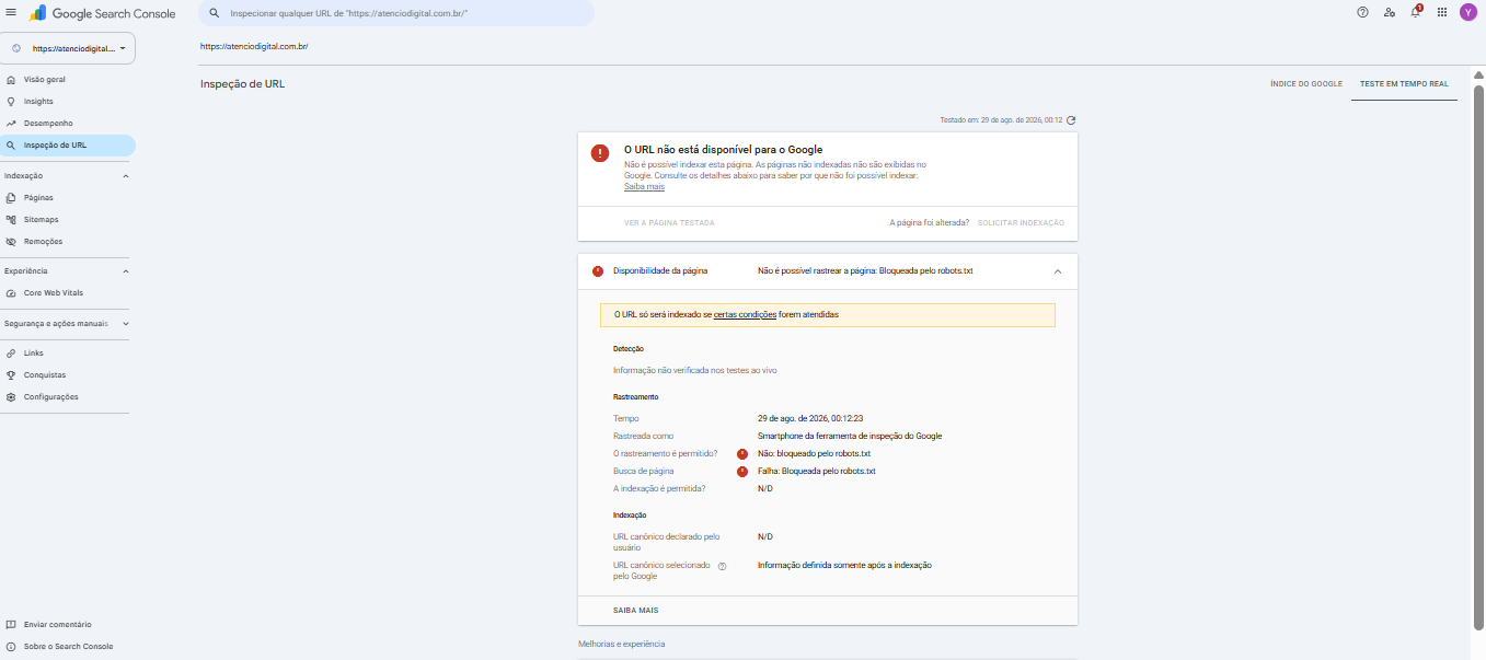 Search Console mostrando o erro Bloqueada pelo robots.txt