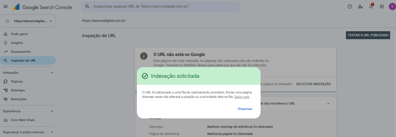 Search Console mostrando: Indexação solicitada