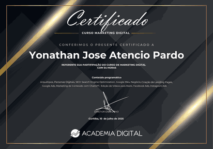 Certificado: Curso de Marketing Digital, 54 horas, Academia Digital, Curitiba, julho de 2025