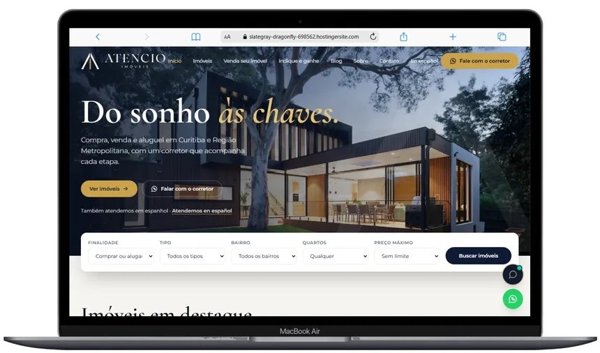 Site publicado: página inicial de uma imobiliária construída com o Pro+